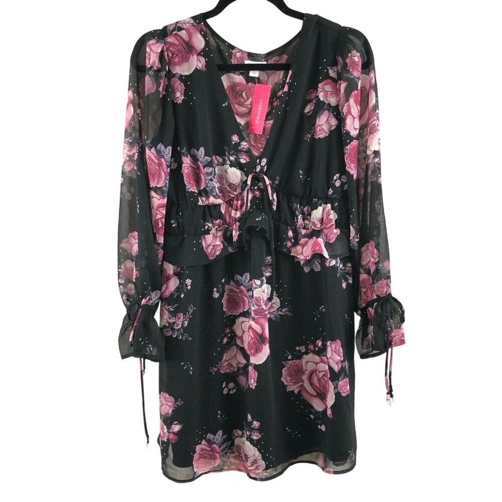 Xhilaration Mini Dress Floral Sheer Sleeve Roses V Neck A Line Black Pink Size S